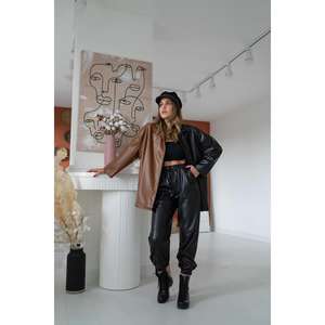 Women's Boxy Contrast Color Leather Shirt Black Button <b>Down</b> Outwear Style - Product Image 2