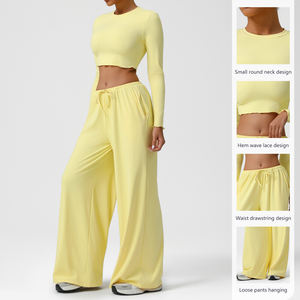 Nuova <span class=keywords><strong>tuta</strong></span> sportiva da ballo da donna <span class=keywords><strong>con</strong></span> Top Slim a manica lunga a <span class=keywords><strong>gamba</strong></span> larga pantaloni a tinta unita sopra al ginocchio per - Product Image 4