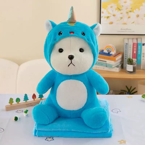 Cuscino Peluche Animale con Cappuccio e Coperta: Orso, Panda, Coniglio, <span class=keywords><strong>Lupo</strong></span>, Unicorno, Gatto - Cuscino Imbottito Pieghevole, Coperta per Pisolino Bambini, Regalo - Product Image 4