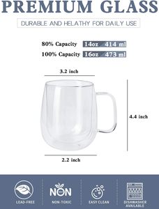 Tazas de Café de Vidrio de Doble Pared con Logotipo Personalizado al por Mayor, Tazas de Vidrio para Café Latte y Té con Asas - Product Image 3