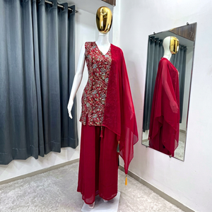 Indian Boutique Designer Red Embroidered Georgette <b>Top</b> With Palazzo And Dupatta Set For Women Traditional Indian Wedding Wear - Product Image 1
