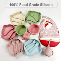 Ensemble d'alimentation pour bébé en silicone : assiette à ventouse, bavoir à motif animal, cuillères et plat pour repas