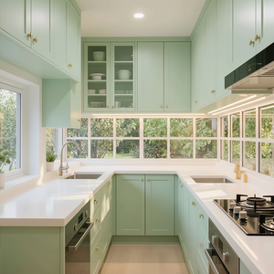 Meuble <span class=keywords><strong>de</strong></span> <span class=keywords><strong>cuisine</strong></span> moderne <span class=keywords><strong>en</strong></span> contreplaqué émaillé, sur mesure, écologique, modulaire, couleur vert matcha, avec cuisinière simple intégrée et rangement tout-<span class=keywords><strong>en</strong></span>-un - Product Image 1