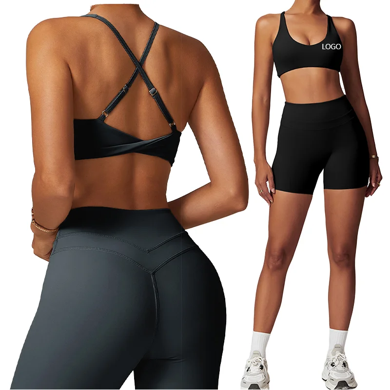Deep V-Neck Cross Strap Nylon Spandex Sports Bra for Women Custom Logo Gym Wear Yoga Fitness Running Free Size Breathable