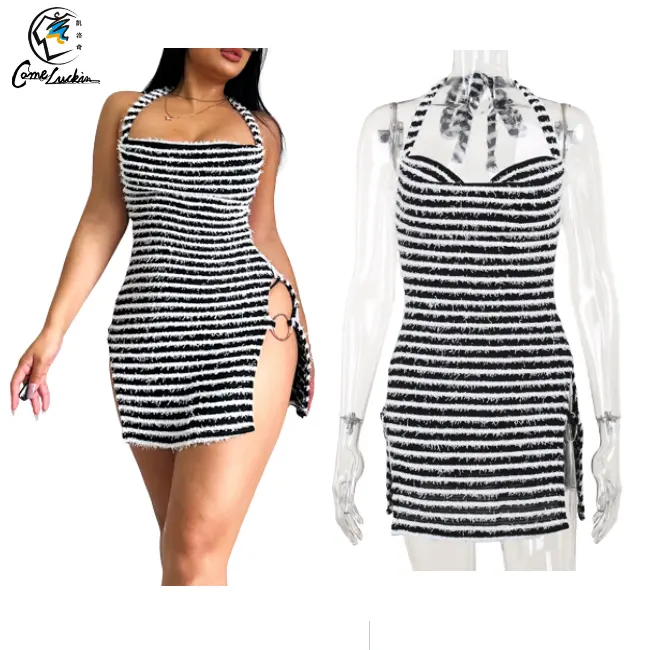 Verão 2023 mulheres roupas senhoras halter Lace Up Sem Mangas Preto Branco Listrado Bodycon Vestido Com Alto Side Split Dress