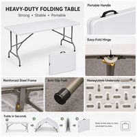 Table pliante légère et robuste en HDPE moulé par soufflage, 6 pieds, pliable en deux, pour pique-nique et repas en extérieur