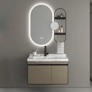 새로운 벽 장착 심플한 디자인 미러 합판 욕실 화장대 캐비닛 세트 사이드 캐비닛