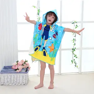 Custom Kids Swim Shark Cartoon Printing Microfiber Hooded Poncho Beach Towel For Baby