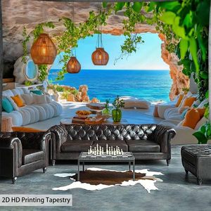 Tapiz de paisaje natural verde grande azul océano mar cueva playa isla escénica colgante de pared para espacios al aire libre manta de pared Stock - Product Image 4