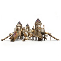 Parque Infantil Comercial al Aire Libre Estilo Castillo Antiguo Steampunk con Torres de Vidrio Tintado, Múltiples Toboganes e Iluminación Nocturna LLDPE