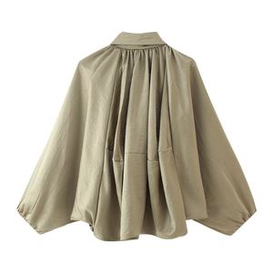 Blusa de Moda Casual para Mujer, Cuello Camisero, Manga Larga, Color Caqui, Tejido Vintage Transpirable, Sólido - Product Image 2