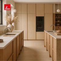 Armoires de cuisine Alland de style scandinave contemporain en chêne blanc sans cadre, finition teintée, avec quincaillerie dorée