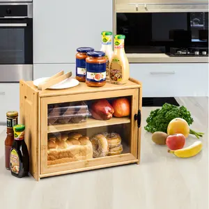 Large Capacity bamboo Bread Rack Storage Container Box with Cutting Board Kitchen Countertops