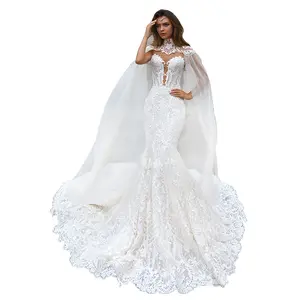 New dream round neck slimming fishtail vintage wedding dress princess wedding dress activity cape wedding dresses 2024