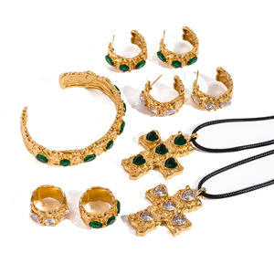 Cross Shape Zinc Alloy Huggie <b>Earrings</b> With <b>Green</b> Stones Party Jewelry Set - Product Image 1