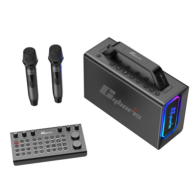 200W Portable Wireless Speaker Karaoke Machine with Sound Mixer Mixing Board PA System with 2 UHF Microphones, RGB Lights