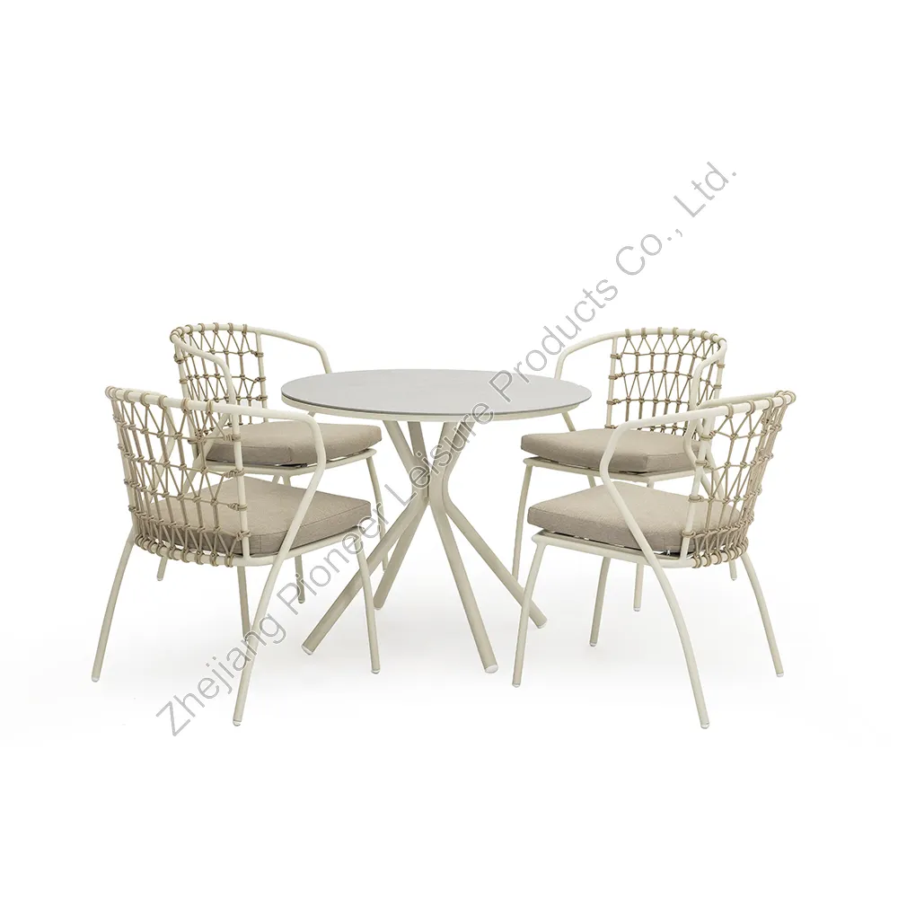 Mesa de comedor y sillón apilable para Bistro, barra redonda de piedra sinterizada y cuerda para exterior Funky