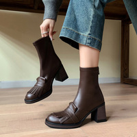 Bottes mi-mollet pour femme Utopjie style britannique, automne-hiver, avec fermeture éclair, talon épais de 7 cm, antidérapantes, à pompons, en cuir de vachette noir, doublure en peau de mouton