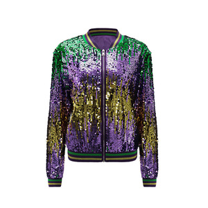 Mardi Gras veste vêtements pour femmes couleur bloc fermeture éclair avant <span class=keywords><strong>manteau</strong></span> décontracté col rond à manches longues veste à paillettes pour automne hiver - Product Image 4