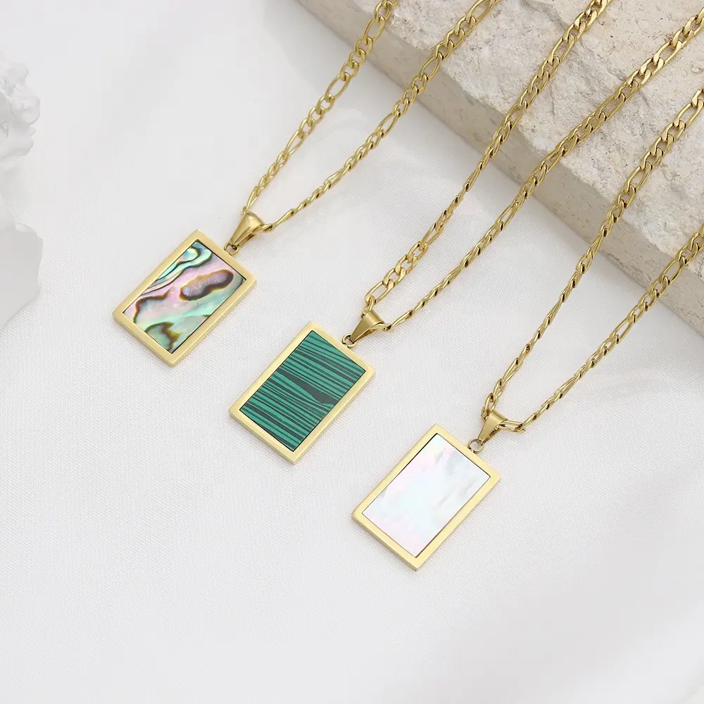 Tarnish Free Square Pendant 18K Gold Plating White & Green & Abalone Shell Figaro Chain Stainless Steel Necklace