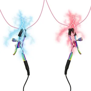 Rainbow Metal Electric Shock Nipple Clamps Female Sex Toy Breast Clips For BDSM