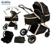 Poussette bébé Kidilo 3-en-1 pliable facile en alliage d'aluminium H5+C, système de dossier inclinable multi-positions, vente directe d'usine, pas cher