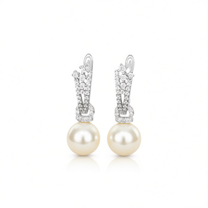 Orecchini Classici di Perle Akoya in Argento 925 Placcato Rodio, Rotondi Bianchi AAA con Incastonatura a Pavé, Gioielli da Donna per Matrimonio - Product Image 1