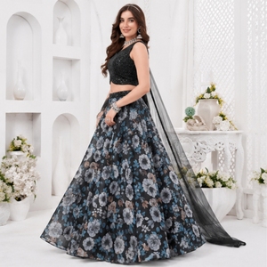 Conjunto de Lehenga Choli con Estampado Floral para Mujer, Blusa sin Mangas Bordada en Negro con Dupatta, Atuendo Étnico para Fiesta - Product Image 2