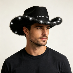 Chapeau de cowboy lumineux bleu clair à bords effilochés ; chapeau de cowboy western bleu ciel à bords effilochés avec casquette LED - Product Image 3