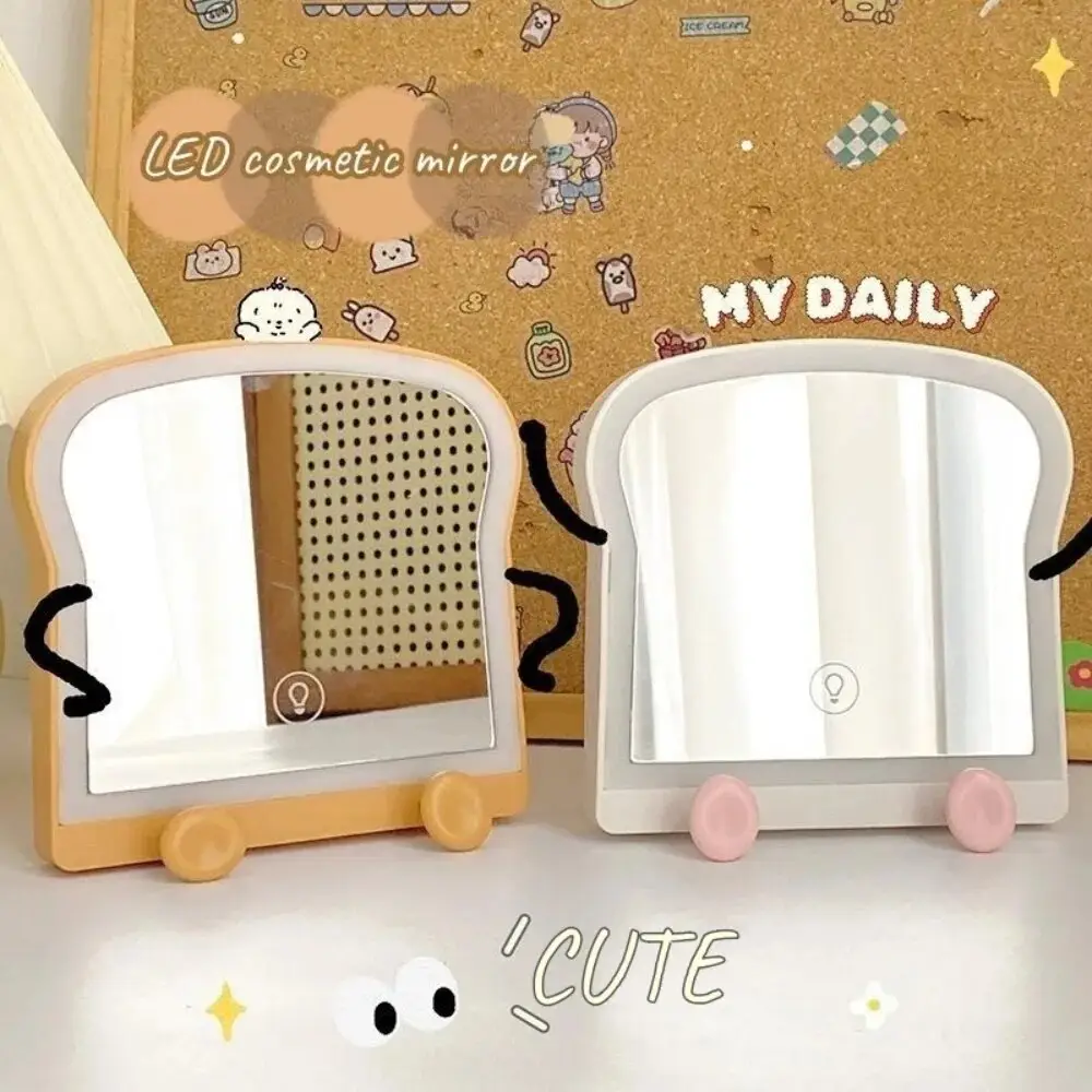 Led Oplaadbare Schattige Toast Make-Up Spiegel Cartoon Brood Desktop Spiegel Slimme Verlichte Slaapzaal Hd Touch Spiegel