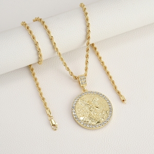 Collar mexicano con colgante de moneda de oro de 50 pesos, chapado en oro de 18 quilates, cadena de cuerda cubana grabada de doble cara Vintage Hip Hop para niños - Product Image 3