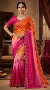 Reversible Silk <b>Saree</b> <b>Orange</b> Blue Ombre Design Embroidered Border Women Traditional Indian Wedding & Party Wear - Product Image 2