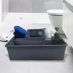 耐用的灰色3格塑料清洁盒工具收纳器工具箱，带手柄，用于家政清洁