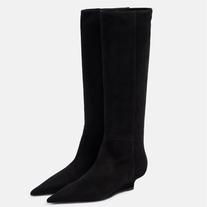 New Style Low Wedge Heels Pointed Toe Big Size 44 Shoes Suede Long <b>Boots</b> Women's on Flock Knee High Booties - Product Image 1