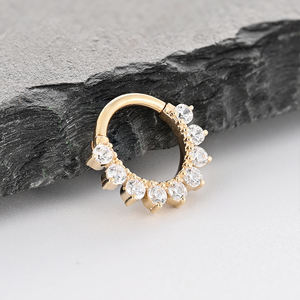 Oem/ODM 14k Rắn vàng bản lề đoạn Clicker móng vuốt thiết lập 9 hạt tròn Zircon vách ngăn mũi Vòng cơ thể xuyên đồ trang sức - Product Image 5