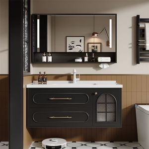 Black <b>Bathroom</b> <b>Vanity</b> With Integrated Basin And Mirror Light For Modern Toilet Setup - Product Image 1