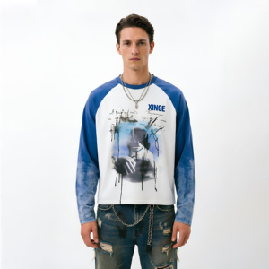 เสื้อยืดแขนยาวทรงครอปพิมพ์ลาย DTG สีสันตัดกันสไตล์วินเทจสำหรับฤดูร้อน ทรงโอเวอร์ไซส์ แขนเสื้อแบบแร็กแลน ทรงบ็อกซี่ฟิต ล้างสีแบบแอซิดวอช สำหรับผู้ชาย - Product Image 1