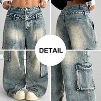 Hangyue Jean Cargo Délavé Style Hip-hop Boyfriend Baggy Taille Haute Double pour Femme, Coupe Décontractée, Vêtement Urbain pour l'Hiver