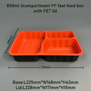 850ml noir rougeâtre écologique 3 compartiments plateau alimentaire couvercle en <span class=keywords><strong>PET</strong></span> boîte à emporter rectangulaire avec processus de blister matériau <span class=keywords><strong>PET</strong></span> et PP - Product Image 2
