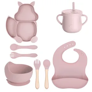 Wholesale Kids Silicone Feeding Set Food Grade Cartoon Style Baby Tableware Suction Lid Including Forks Spoons Bowls