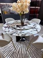 Table à manger ronde en marbre avec pieds en acier carbone et plateau tournant intégré pour hôtel, villa, maison et restaurant, usage quotidien