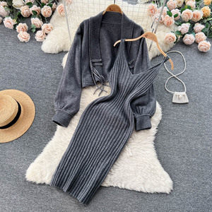 Autumn <strong>Winter</strong> Small Perfume Wind Knitting Suit Female Short Sweater Shawl <strong>Coat</strong> Halter Cami Suspender Dress Two Piece <strong>Set</strong> - Product Image 4