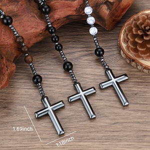Pietra naturale smerigliato nero onice cattolico <span class=keywords><strong>rosario</strong></span> collane con croce di ematite ciondolo uomini collana di meditazione gioielli - Product Image 4