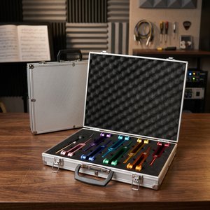 Juego de diapasones de 8 piezas de metal colorido en estuche de aluminio para sanación y equilibrio de chakras. - Product Image 1