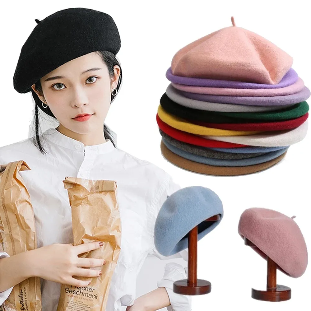 French Artist Warm Wool Winter Beanie Beret Hat Cap Vintage Plain Beret for Women Solid Color Elegant Lady Winter Caps