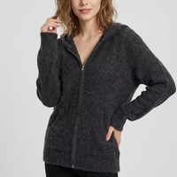 Cardigan long surdimensionné pour femme, personnalisé, gris foncé, en mélange de mohair, tricoté, respirant, texturé, duveteux, avec fermeture éclair intégrale et boutons sur le devant, pour l'automne