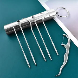 7pcs/set Stainless Steel Portable Outdoor Camping Kitchen Accessories Toothpick Floss Teeth Cleaner Oral Cleaning Toothpicks Set