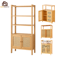 Tour de rangement en bambou naturel avec portes en rotin tressé, armoire ouverte en MDF, organisateur fin pour salle de bain et couloir