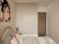 Ensemble de meubles de chambre à coucher modernes avec lit et tables de chevet, armoire spacieuse créant un espace de sommeil coordonné et confortable