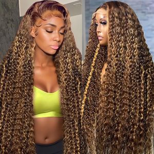 Pelucas de Cabello Humano con Frente de Encaje 13x6, Ondas Profundas, Color Degradado # Pelucas de Cabello Rizado Ondulado sin Pegamento en Color Piano 4/27, Mezcla Rubio Miel - Product Image 1